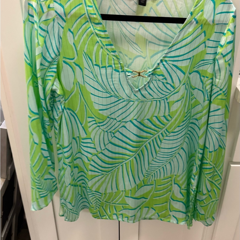 Boston Proper Resort Abstract Print Hardware Shimmer Tunic Blue/Green - Picture 6 of 7